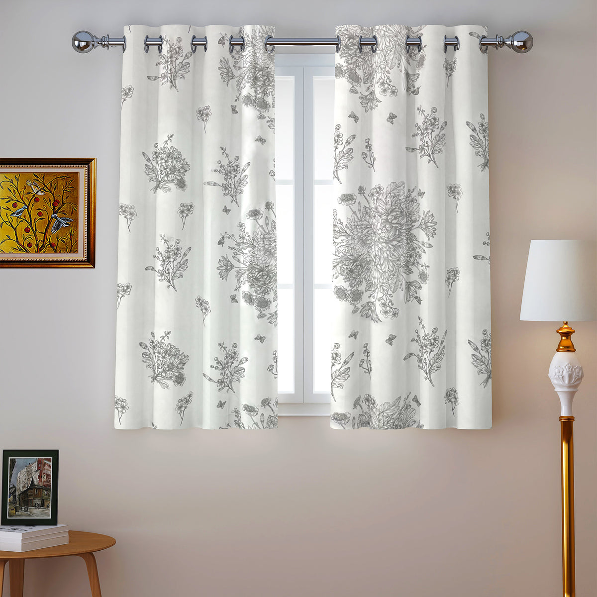 Silver Grey Botanical Sketch 240 GSM Polyester 80% Blackout Eyelet Curtain