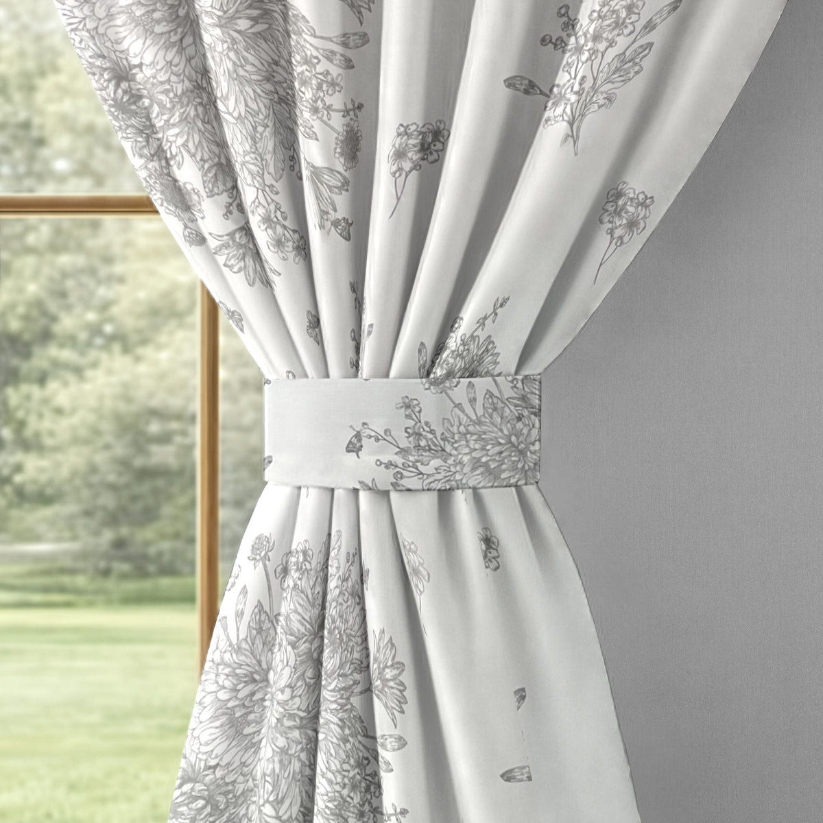 Silver Grey Botanical Sketch 240 GSM Polyester 80% Blackout Eyelet Curtain