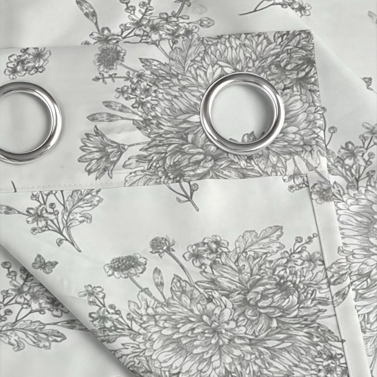 Silver Grey Botanical Sketch 240 GSM Polyester 80% Blackout Eyelet Curtain