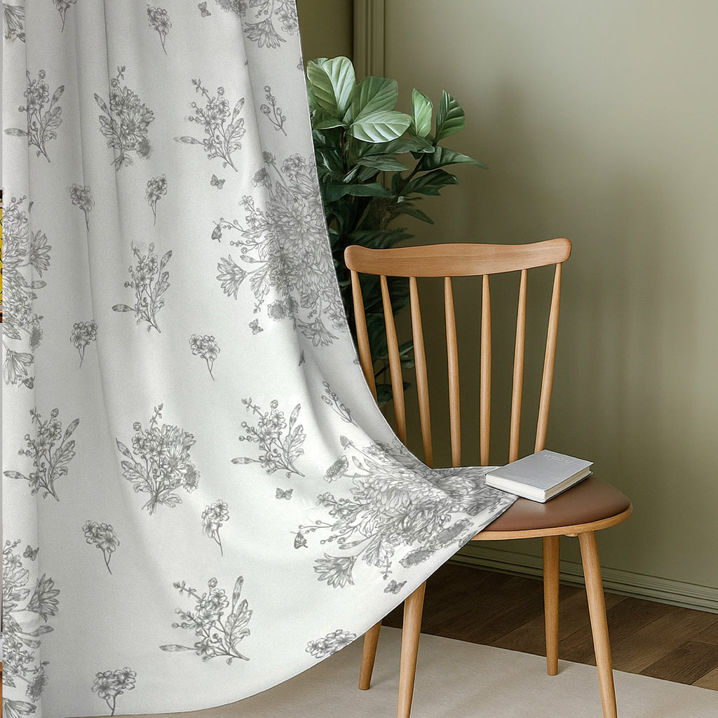 Silver Grey Botanical Sketch 240 GSM Polyester 80% Blackout Eyelet Curtain