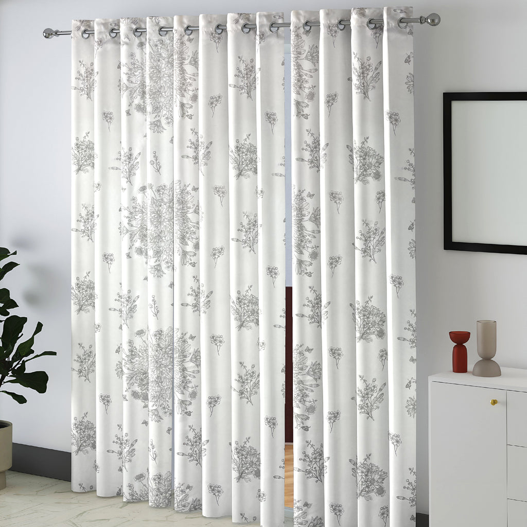 Silver Grey Botanical Sketch 240 GSM Polyester 80% Blackout Eyelet Curtain