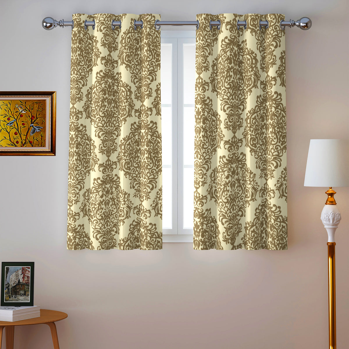 Ivory Olive Regal Damask 240 GSM Polyester 80% Blackout Eyelet Curtain