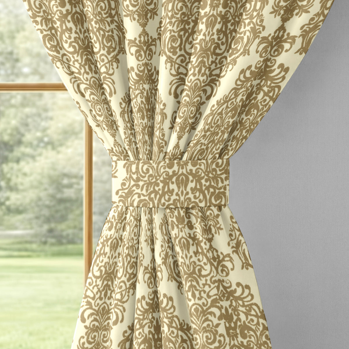 Ivory Olive Regal Damask 240 GSM Polyester 80% Blackout Eyelet Curtain