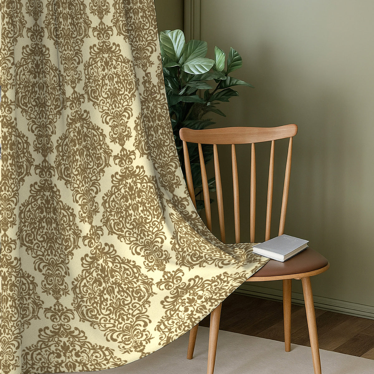 Ivory Olive Regal Damask 240 GSM Polyester 80% Blackout Eyelet Curtain