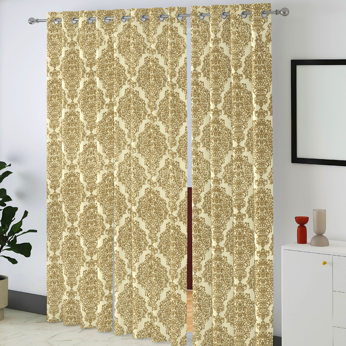 Ivory Olive Regal Damask 240 GSM Polyester 80% Blackout Eyelet Curtain
