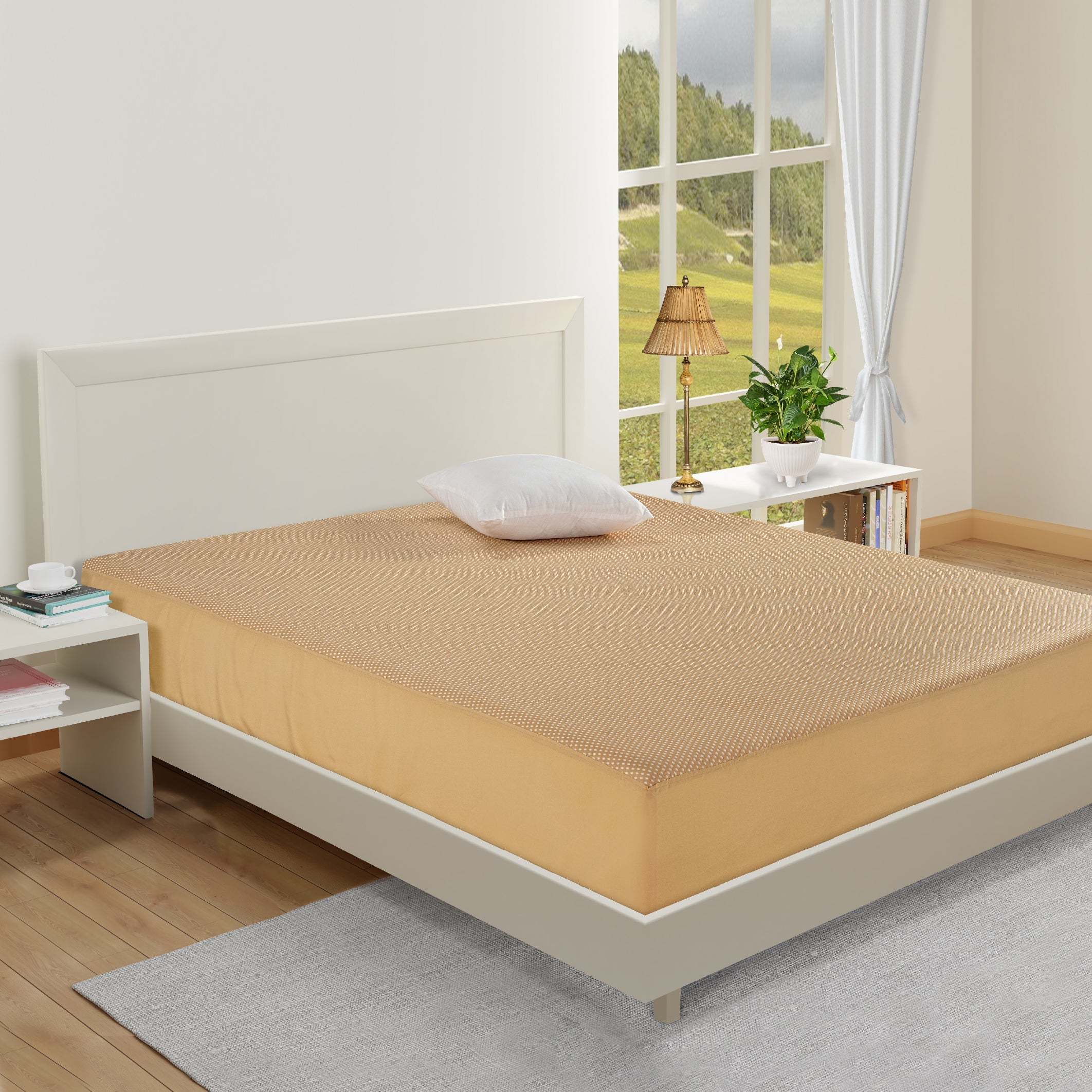 Single Waterproof Fitted Mattress Protector – Golden Beige with Micro Dot Pattern (72 x 78 inch)