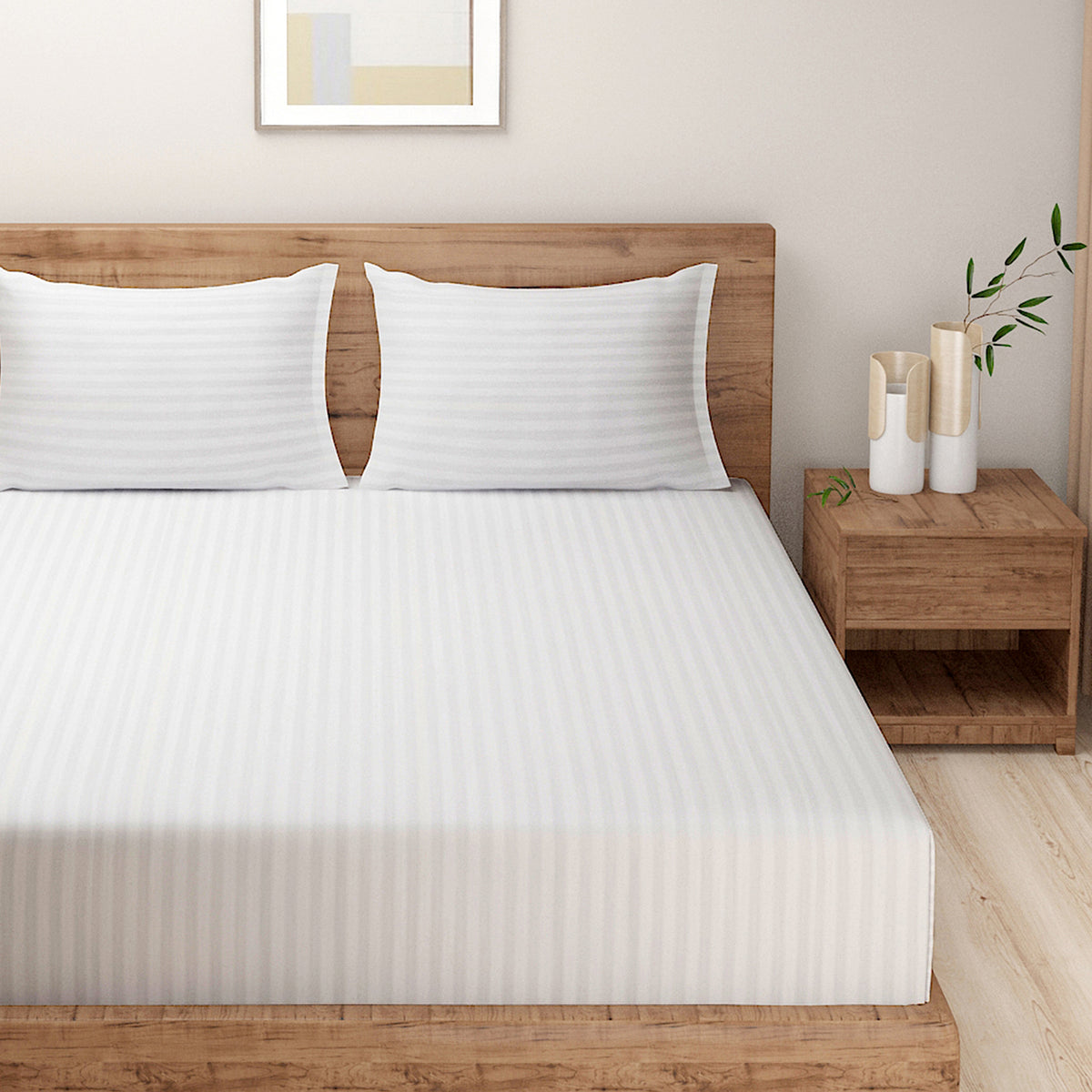 Classic White Satin Stripe 300 TC Pure Cotton Bedsheet Set with Pillow Cover