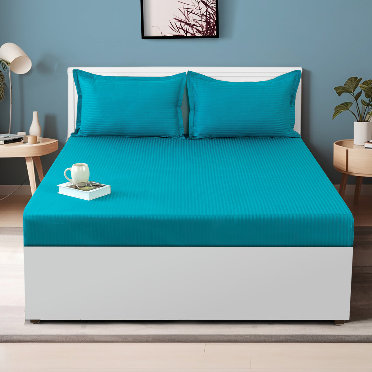 Aqua Satin Stripe 300 TC Pure Cotton Bedsheet Set with Pillow Cover
