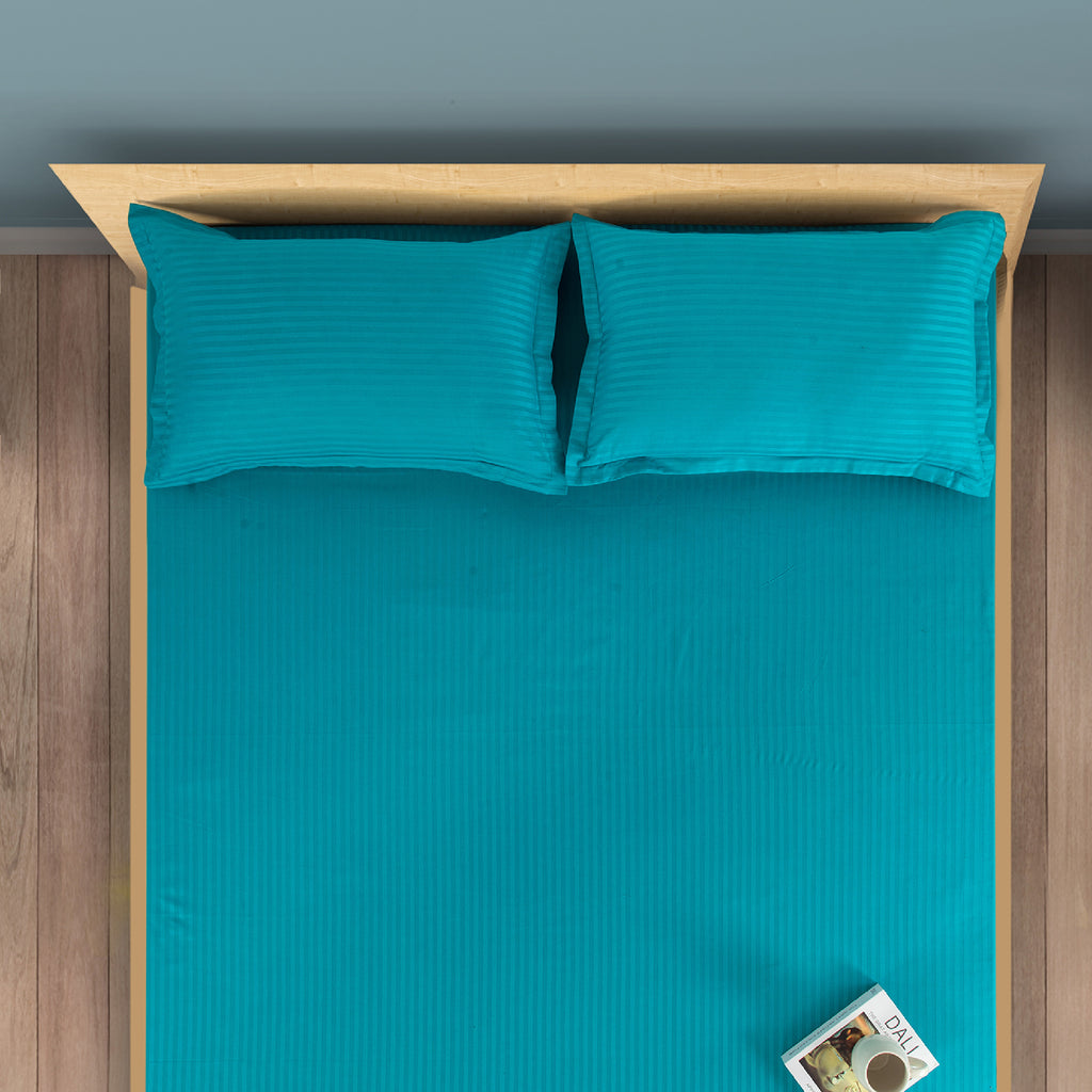 Aqua Satin Stripe 300 TC Pure Cotton Bedsheet Set with Pillow Cover