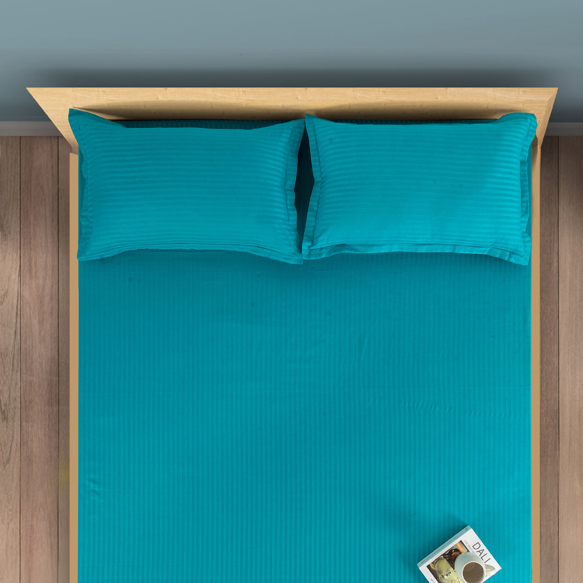 Aqua Satin Stripe 300 TC Pure Cotton Bedsheet Set with Pillow Cover