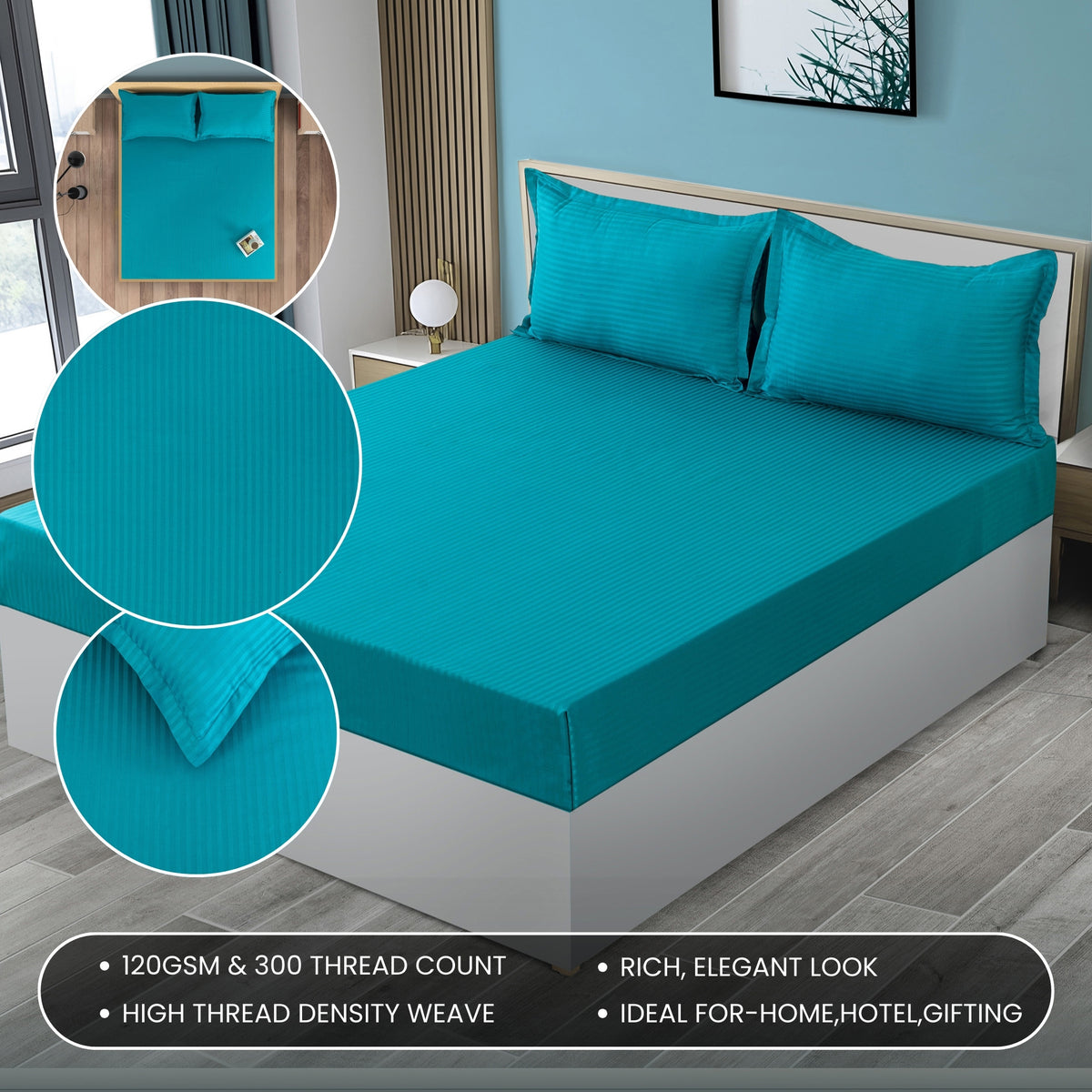 Aqua Satin Stripe 300 TC Pure Cotton Bedsheet Set with Pillow Cover