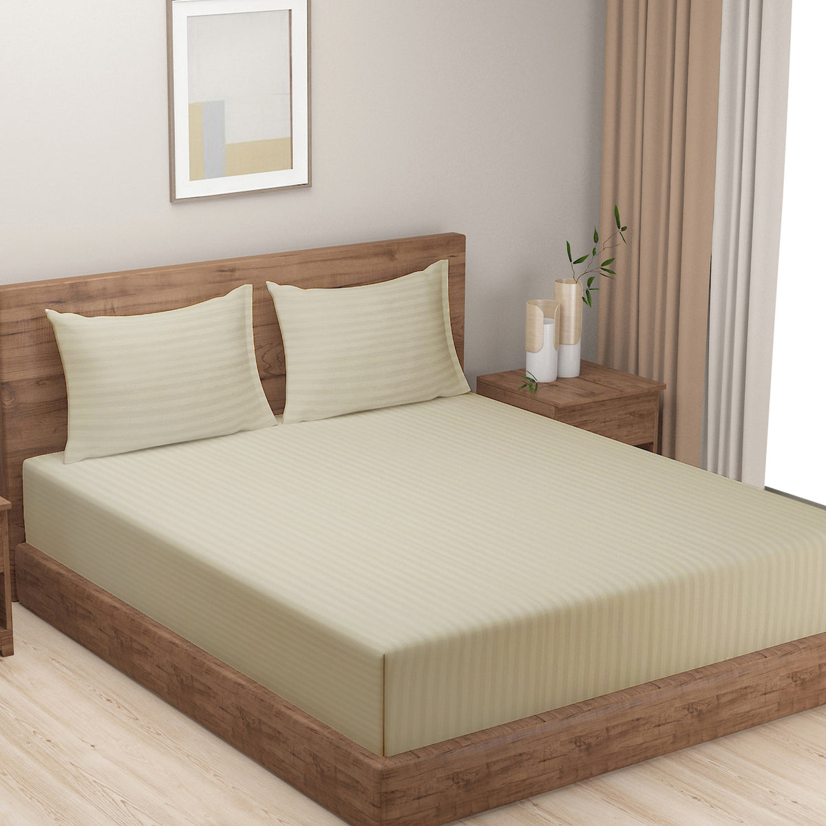 Vanilla Satin Stripe 300 TC Pure Cotton Bedsheet Set with Pillow Cover