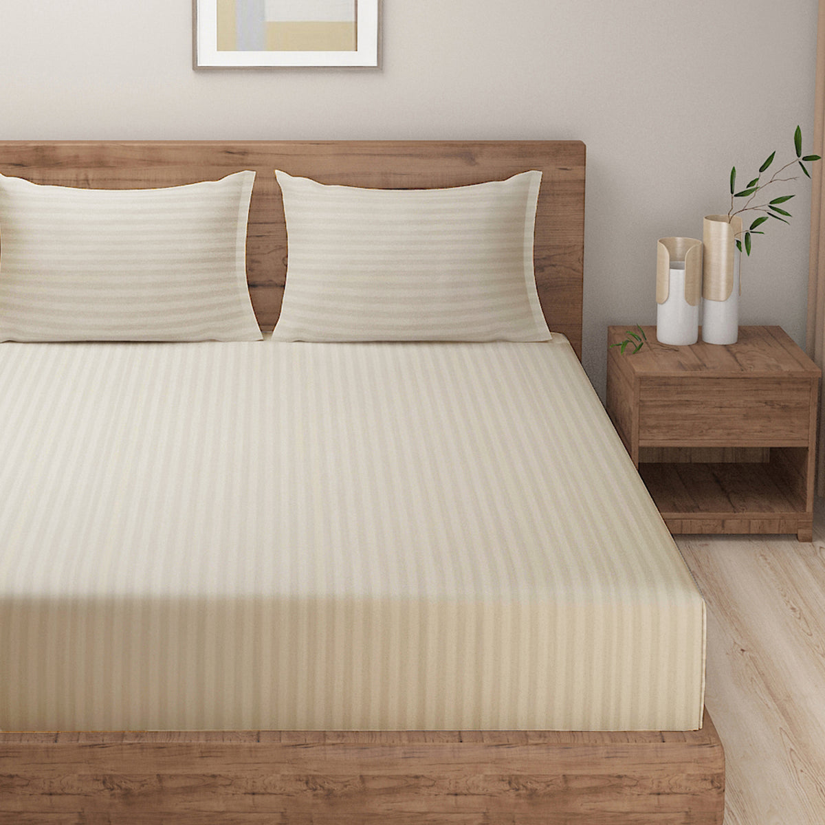 Vanilla Satin Stripe 300 TC Pure Cotton Bedsheet Set with Pillow Cover