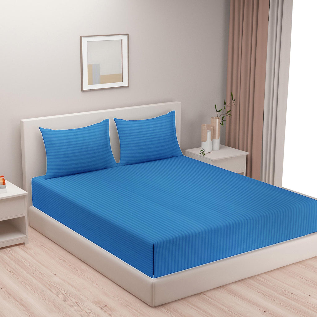 Ocean Blue Tonal Stripes 300 TC Pure Cotton Bedsheet Set with Pillow Cover