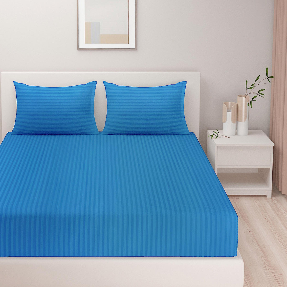 Ocean Blue Tonal Stripes 300 TC Pure Cotton Bedsheet Set with Pillow Cover