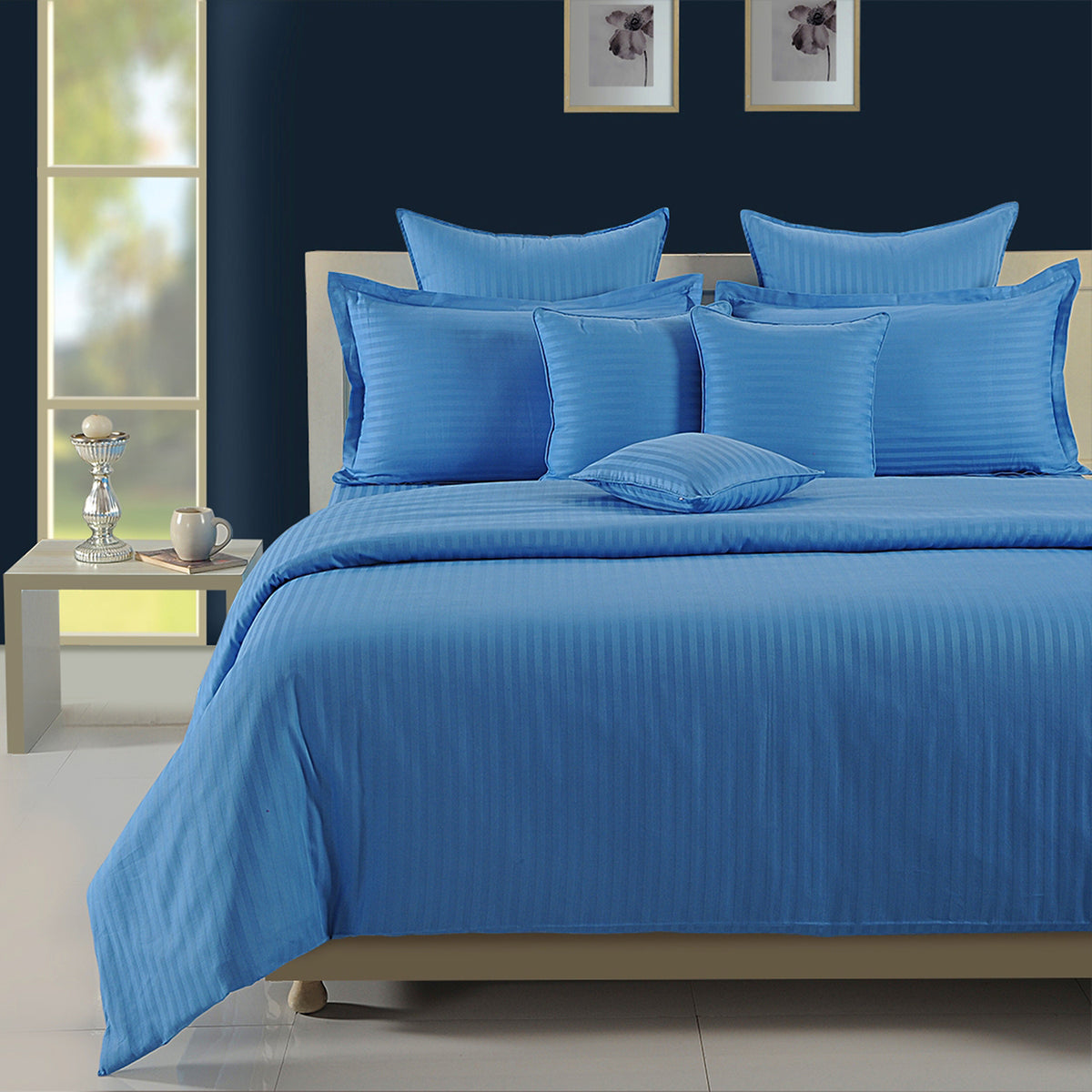 Ocean Blue Tonal Stripes 300 TC Pure Cotton Bedsheet Set with Pillow Cover