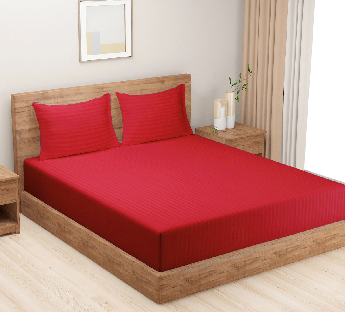 Crimson Satin Stripe 300 TC Pure Cotton Bedsheet Set with Pillow Cover