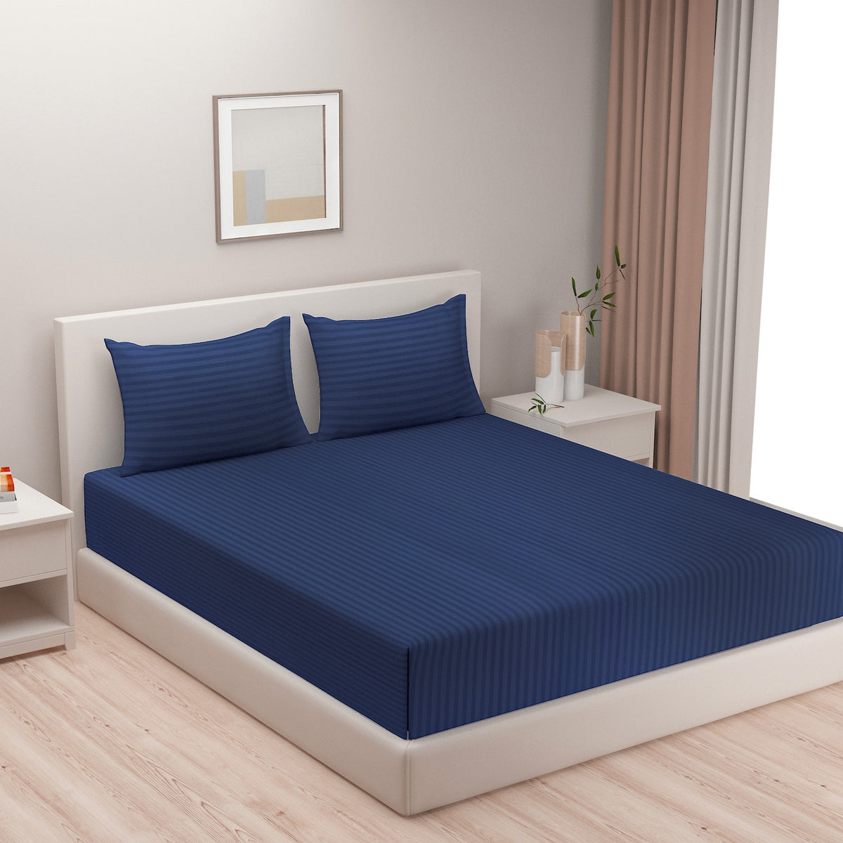 Midnight Blue Satin Stripe 300 TC Pure Cotton Bedsheet Set with Pillow Cover
