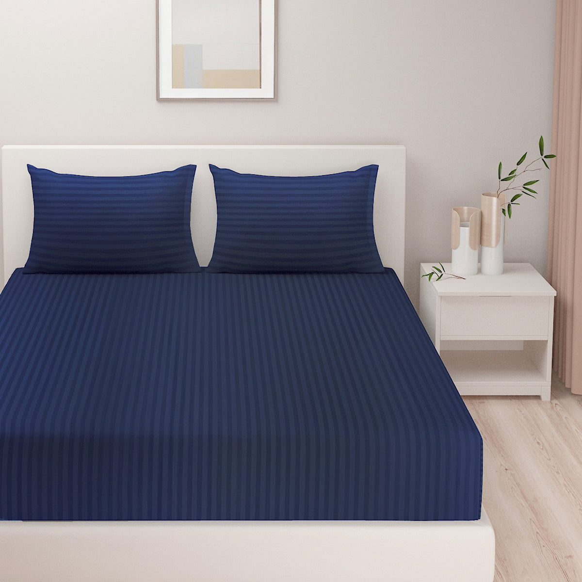 Midnight Blue Satin Stripe 300 TC Pure Cotton Bedsheet Set with Pillow Cover