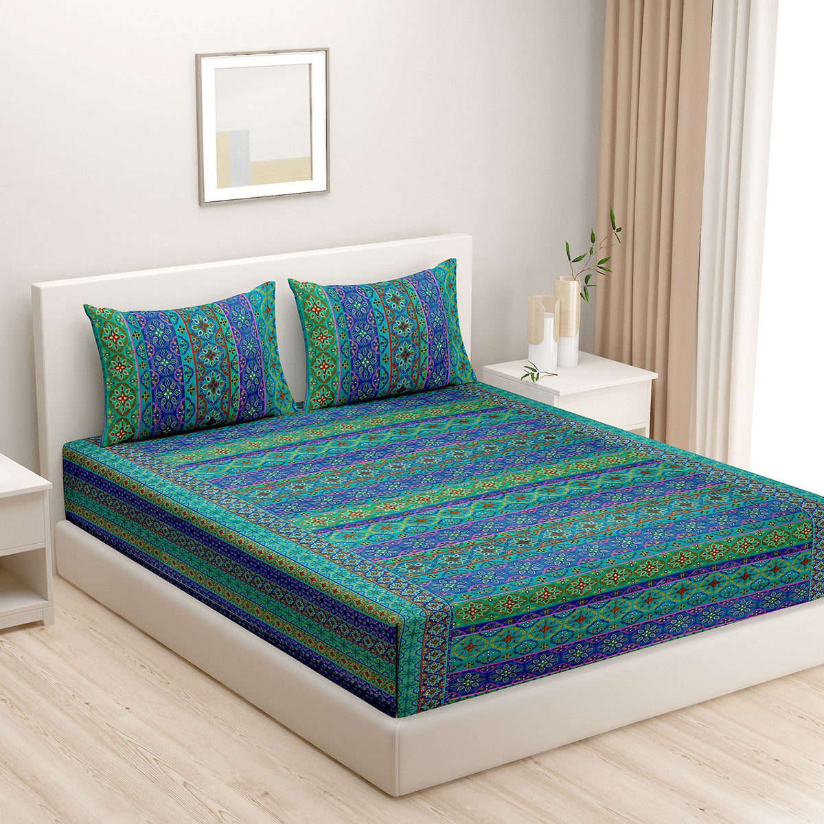 Turquoise Mosaic Stripe 200 TC Pure Cotton Fitted Bedsheet Set with Pillow Cover
