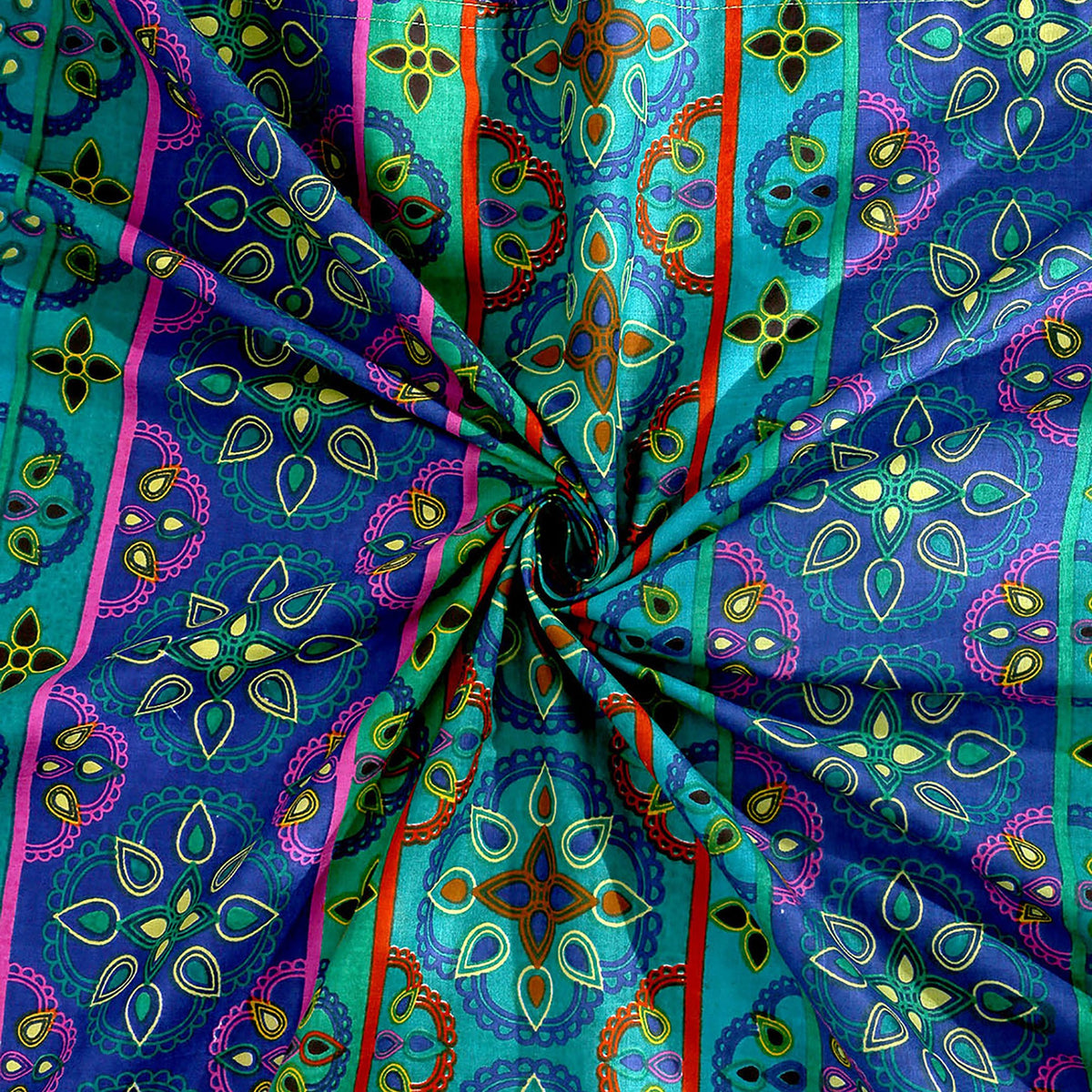 Turquoise Mosaic Stripe 200 TC Pure Cotton Fitted Bedsheet Set with Pillow Cover