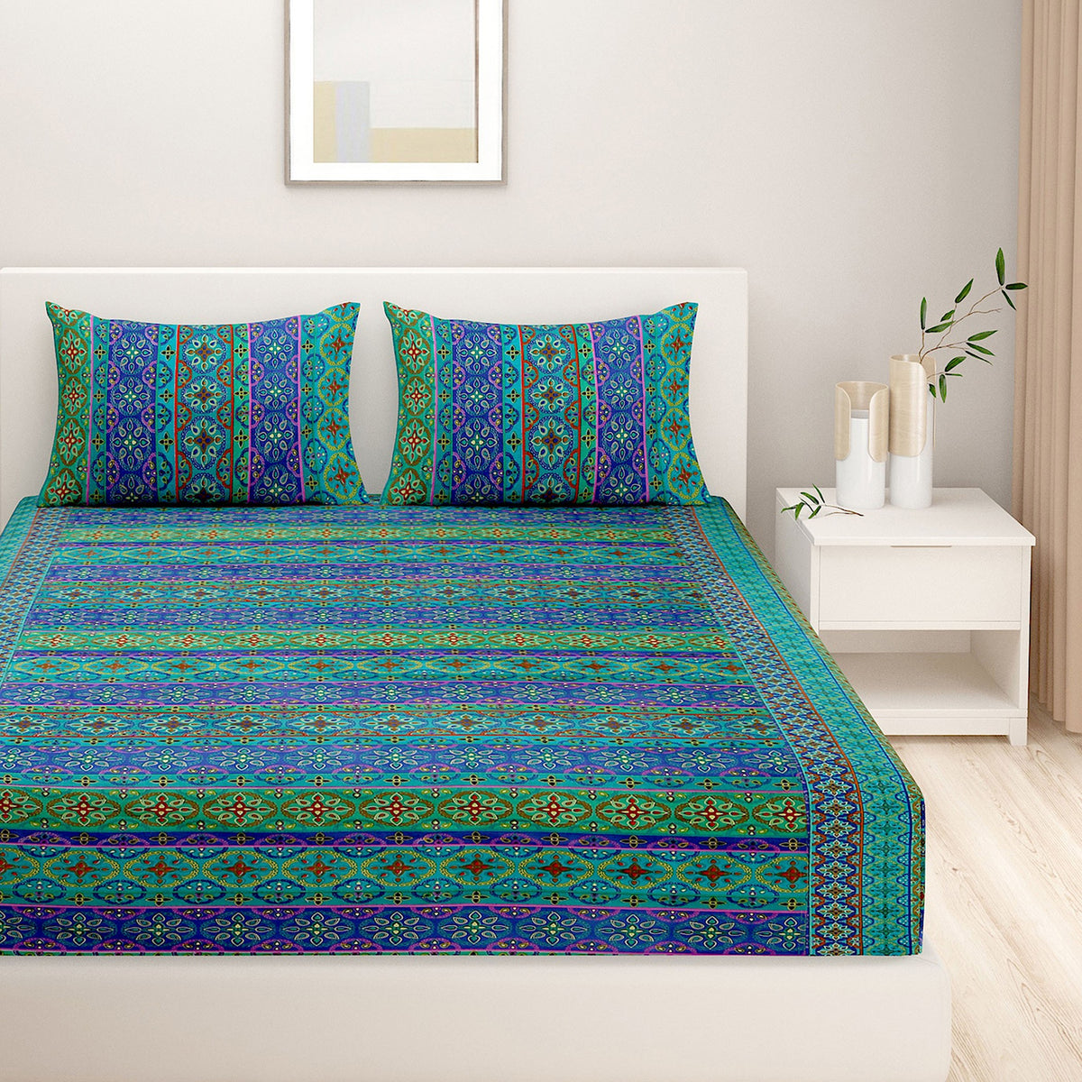 Turquoise Mosaic Stripe 200 TC Pure Cotton Fitted Bedsheet Set with Pillow Cover