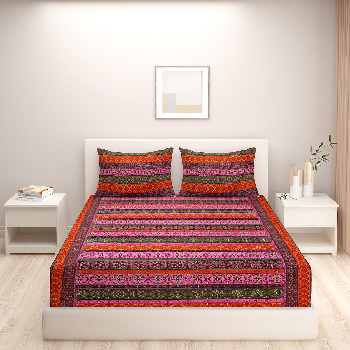 Bohemian Stripe Multicolour 200 TC Pure Cotton Fitted Bedsheet Set with Pillow Cover