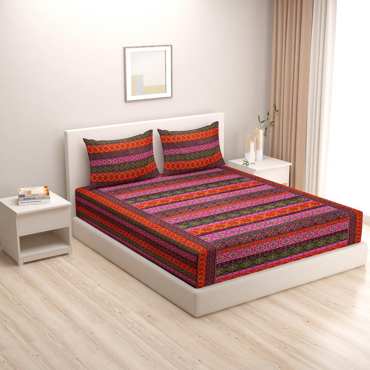 Bohemian Stripe Multicolour 200 TC Pure Cotton Fitted Bedsheet Set with Pillow Cover