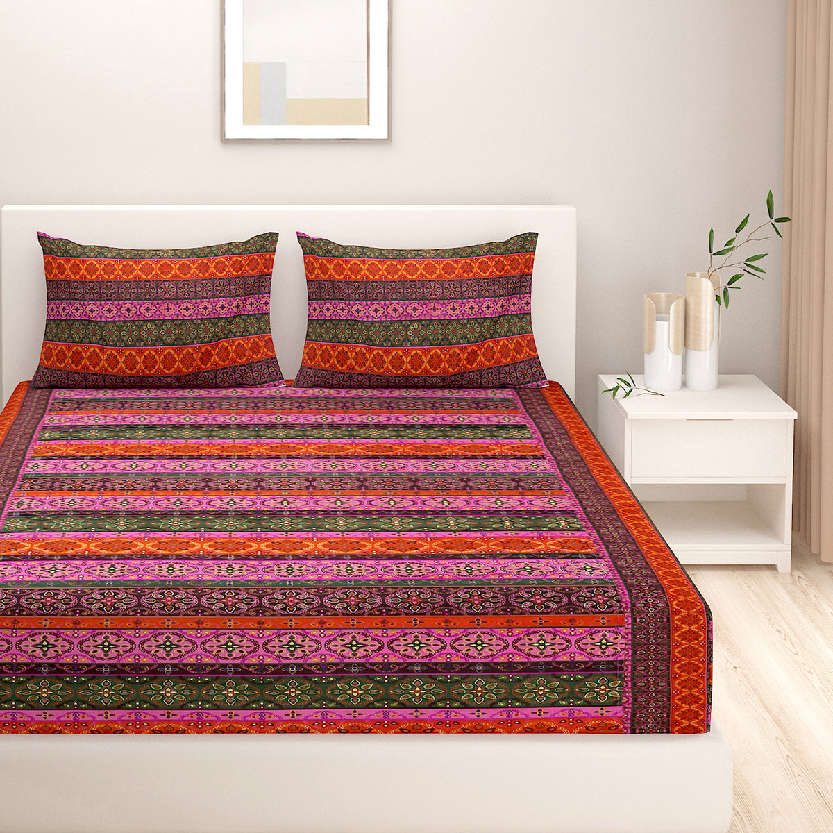 Bohemian Stripe Multicolour 200 TC Pure Cotton Fitted Bedsheet Set with Pillow Cover