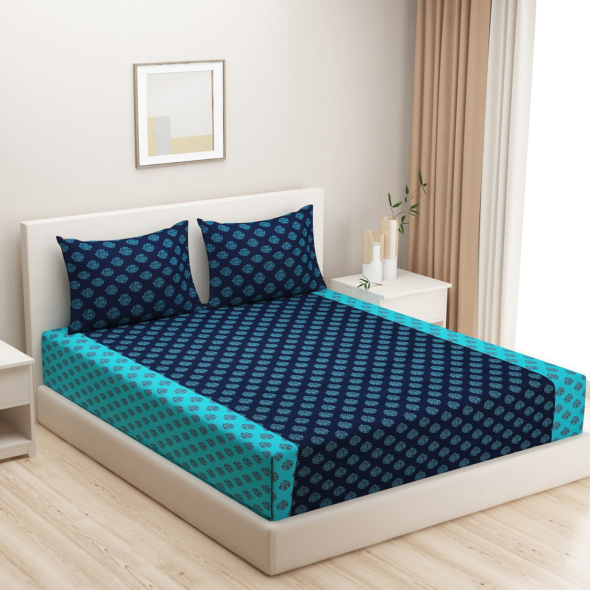 Aqua Heritage Navy Blue 200 TC Pure Cotton Fitted Bedsheet Set with Pillow Cover