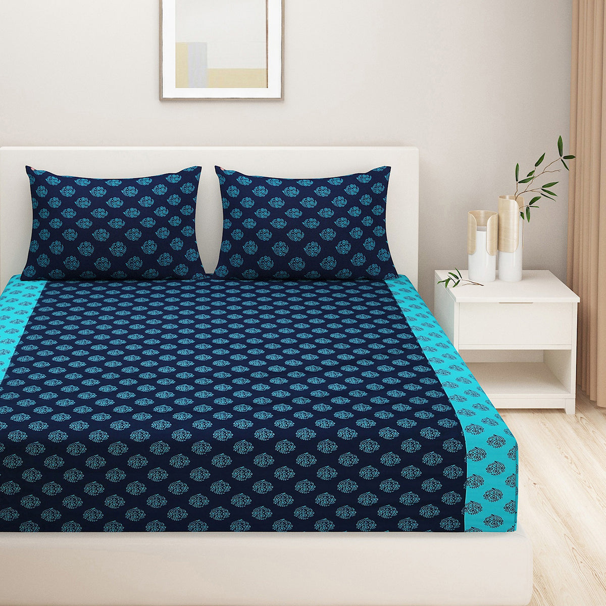 Aqua Heritage Navy Blue 200 TC Pure Cotton Fitted Bedsheet Set with Pillow Cover