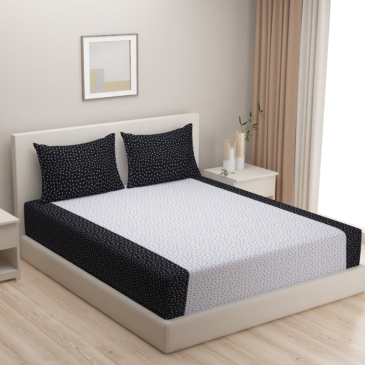 Monochrome Speckle Black & White 200 TC Pure Cotton Fitted Bedsheet Set with Pillow Cover