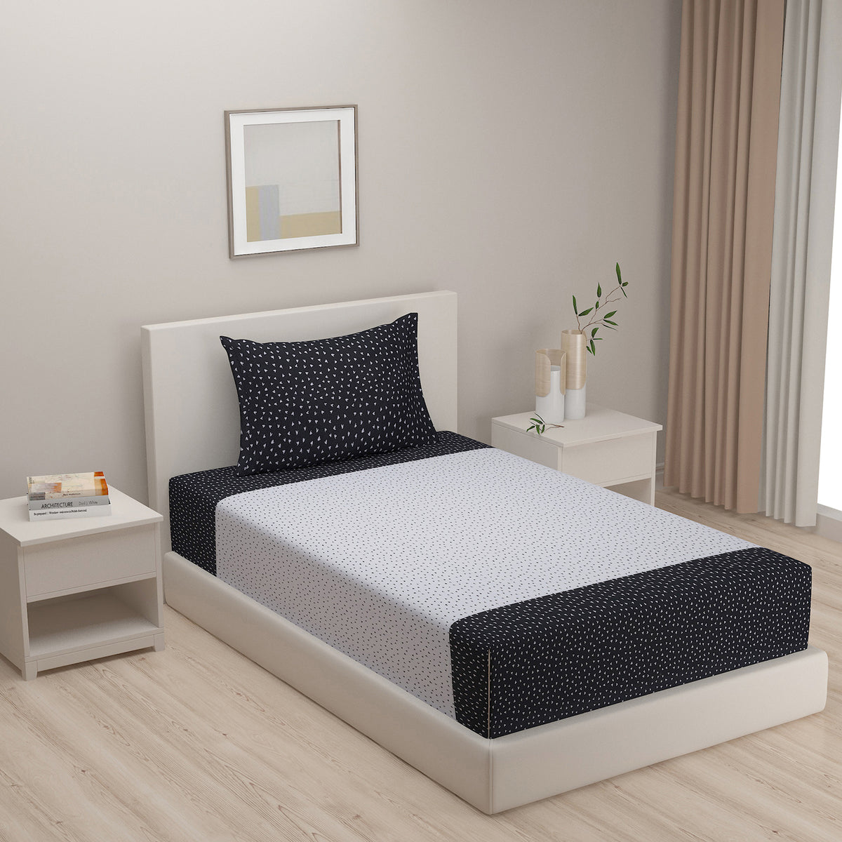 Monochrome Speckle Black & White 200 TC Pure Cotton Fitted Bedsheet Set with Pillow Cover