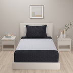 Monochrome Speckle Black & White 200 TC Pure Cotton Fitted Bedsheet Set with Pillow Cover
