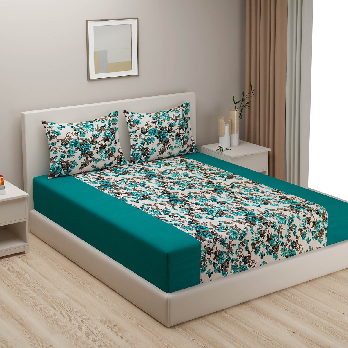 Turquoise Rose Garden 200 TC Pure Cotton Fitted Bedsheet Set with Pillow Cover