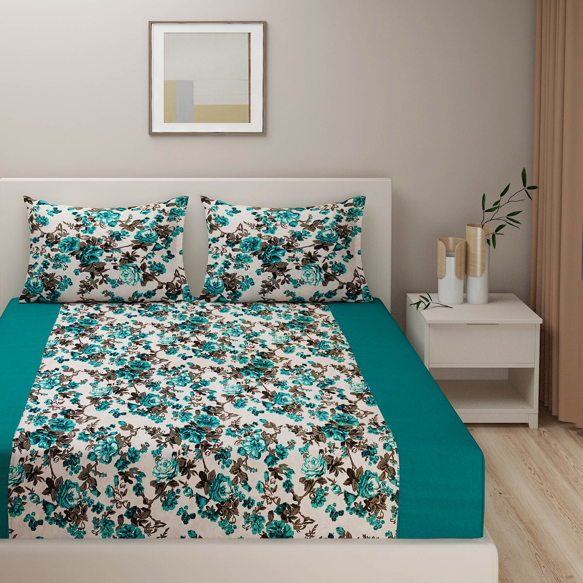 Turquoise Rose Garden 200 TC Pure Cotton Fitted Bedsheet Set with Pillow Cover