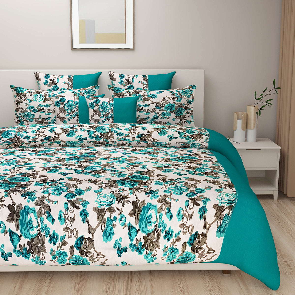 Turquoise Rose Garden 200 TC Pure Cotton Fitted Bedsheet Set with Pillow Cover