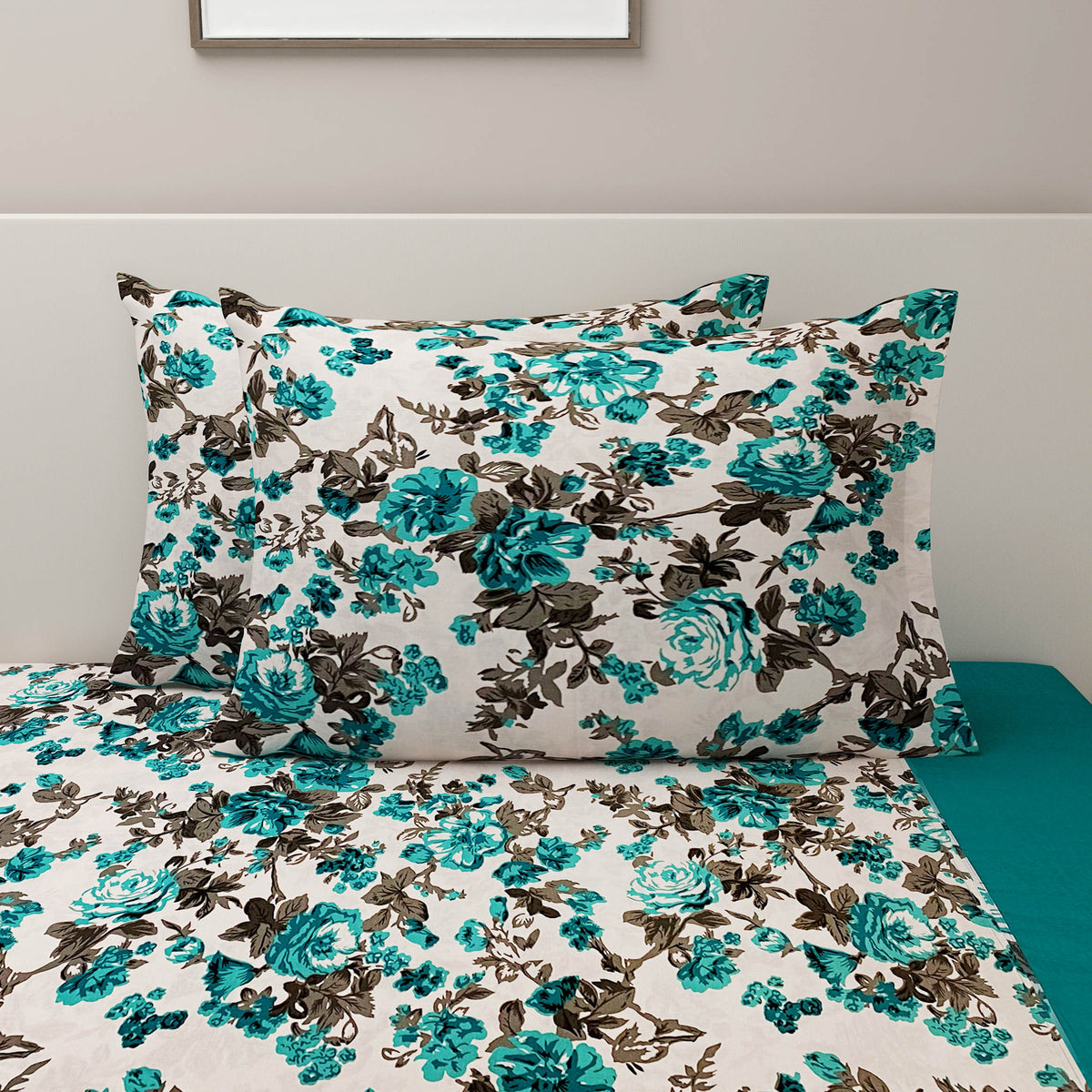 Turquoise Rose Garden 200 TC Pure Cotton Fitted Bedsheet Set with Pillow Cover