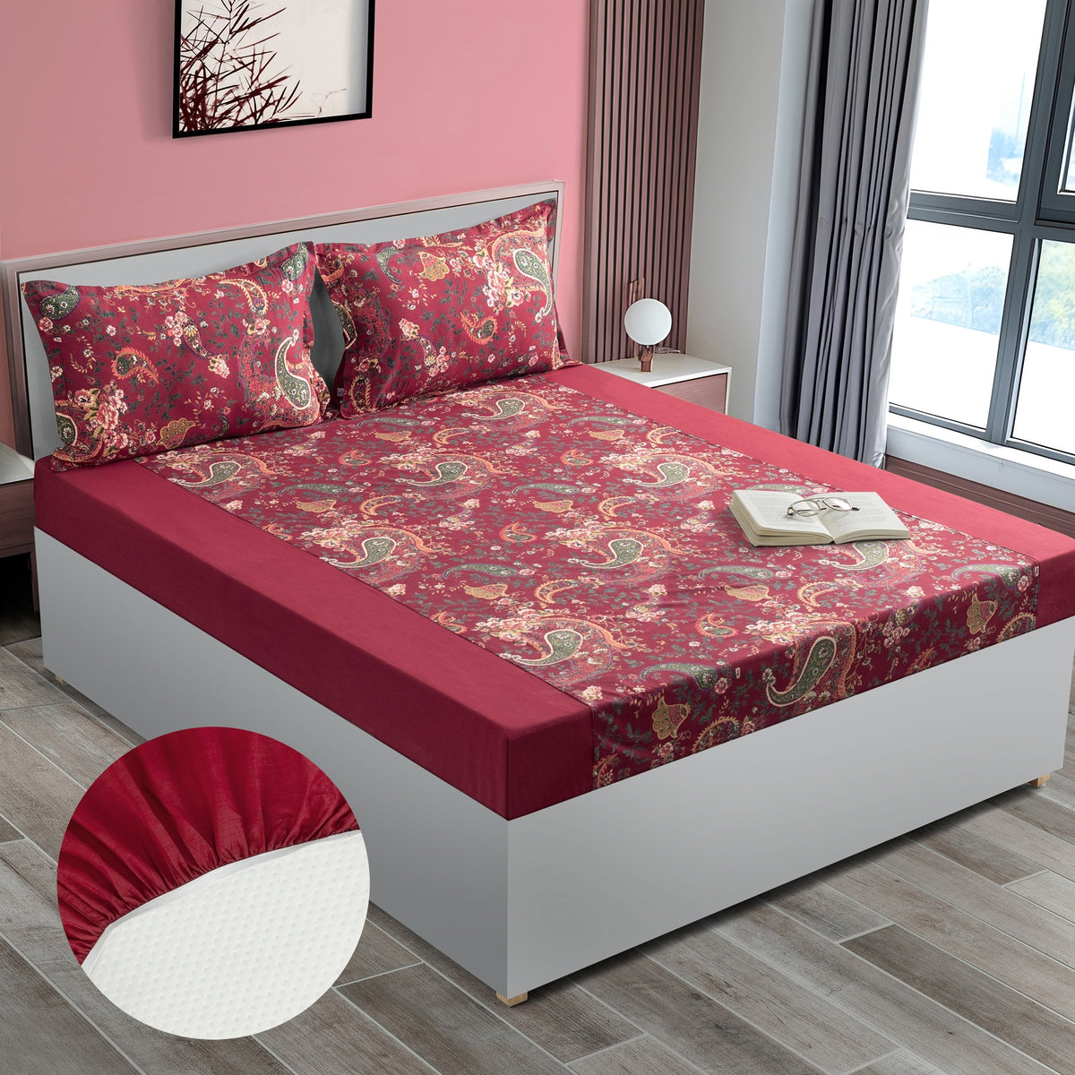 Royal Paisley Crimson 200 TC Pure Cotton Fitted Bedsheet Set with Pillow Cover
