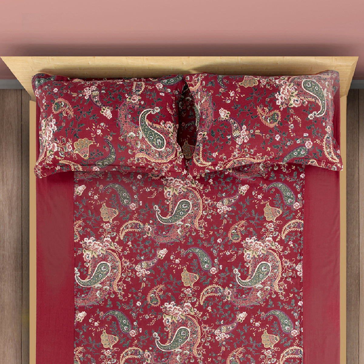 Royal Paisley Crimson 200 TC Pure Cotton Fitted Bedsheet Set with Pillow Cover