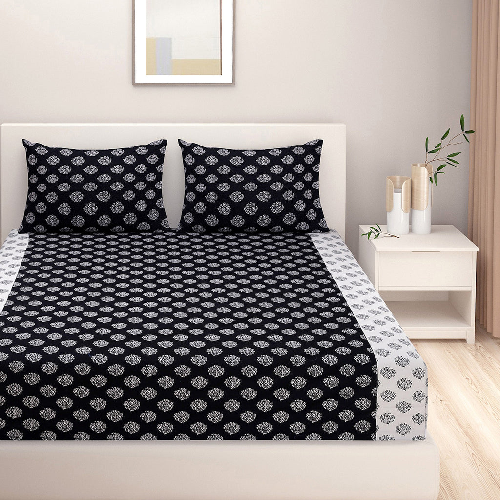 Monochrome Floral Medallions 200 TC Pure Cotton Bedsheet Set with Pillow Cover