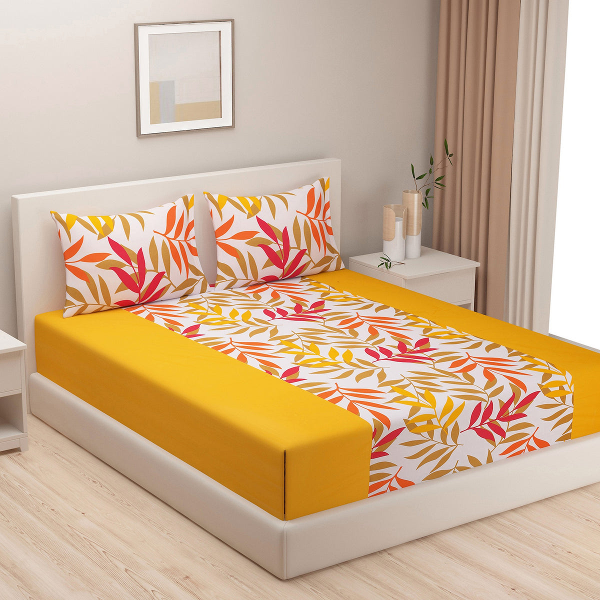Sunshine Leaves Yellow & Multicolour 200 TC Pure Cotton Bedsheet Set with Pillow Cover