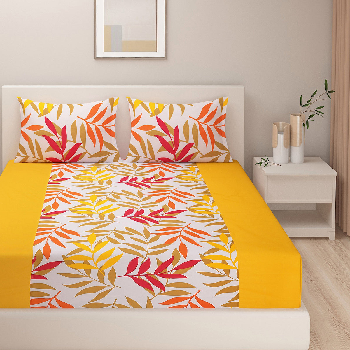 Sunshine Leaves Yellow & Multicolour 200 TC Pure Cotton Bedsheet Set with Pillow Cover