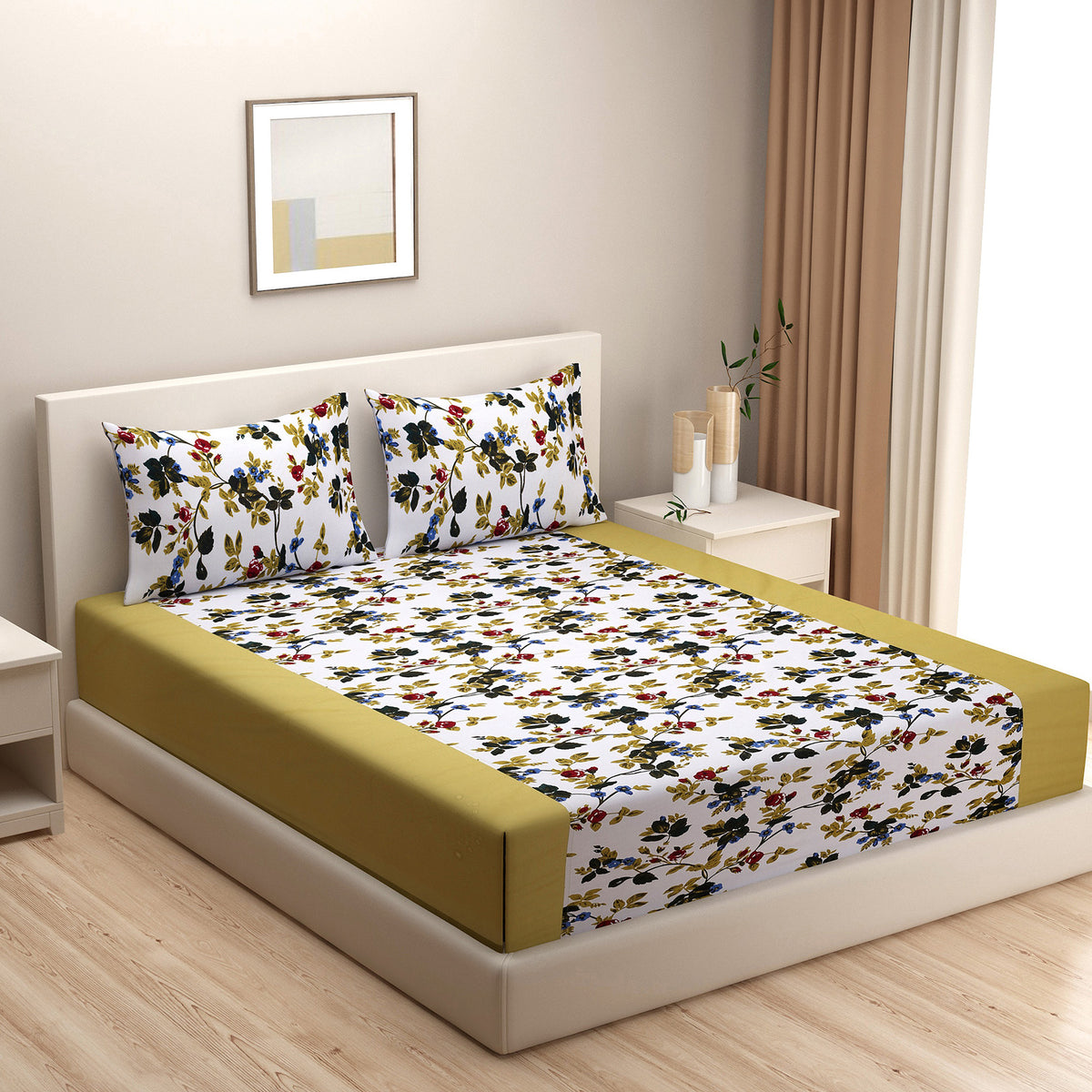 Autumn Garden Multicolour 200 TC Pure Cotton Fitted Bedsheet Set with Pillow Cover