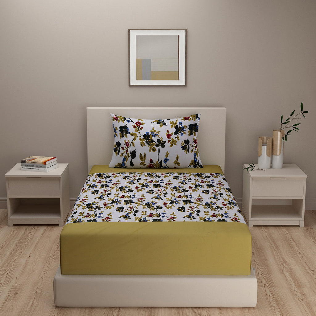 Autumn Garden Multicolour 200 TC Pure Cotton Fitted Bedsheet Set with Pillow Cover