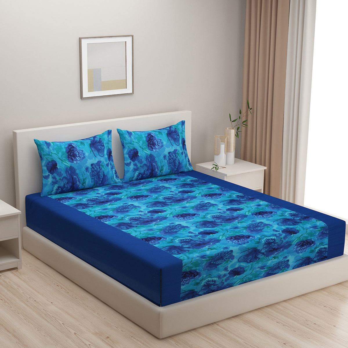 Azure Bloom Blue 200 TC Pure Cotton Fitted Bedsheet Set with Pillow Cover