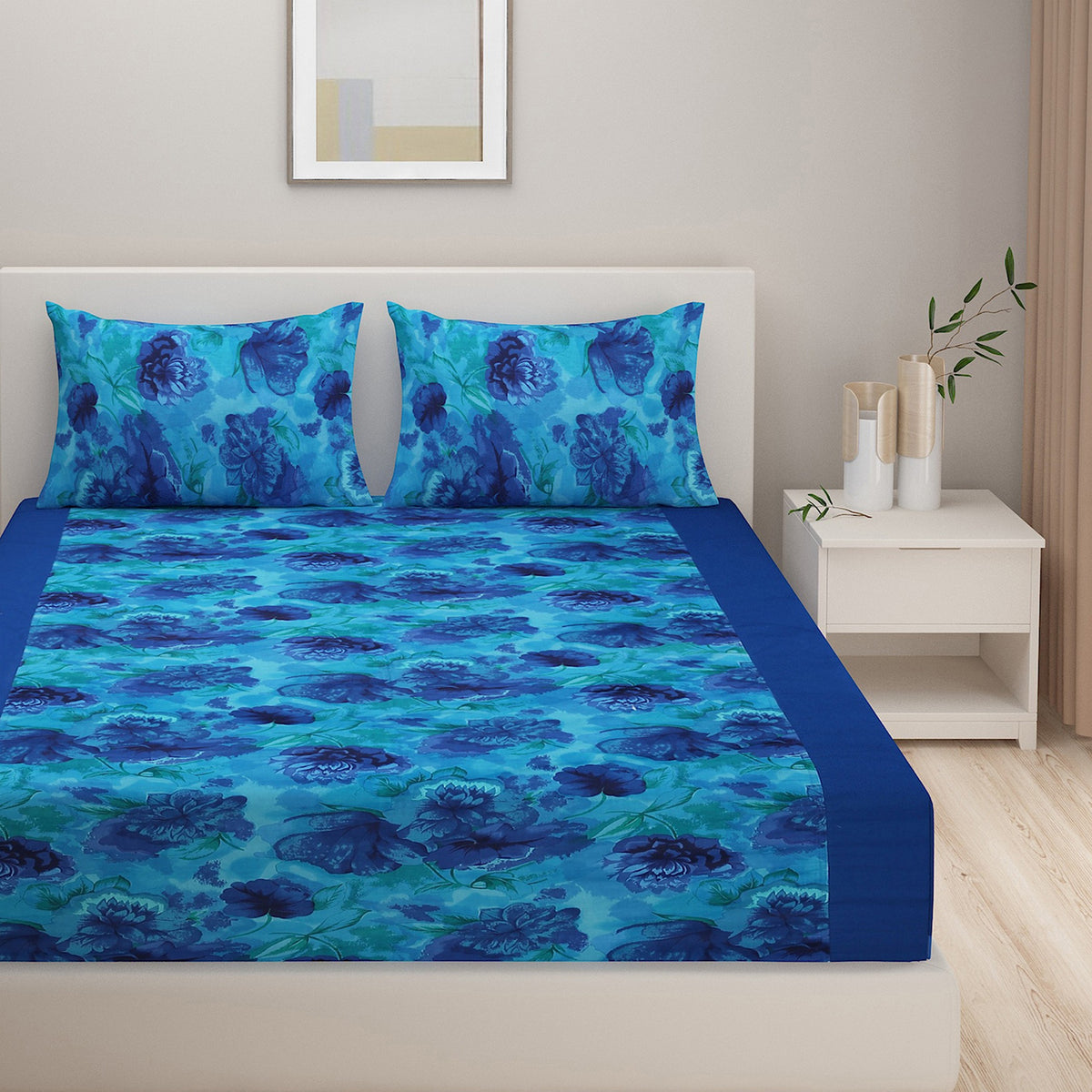 Azure Bloom Blue 200 TC Pure Cotton Fitted Bedsheet Set with Pillow Cover
