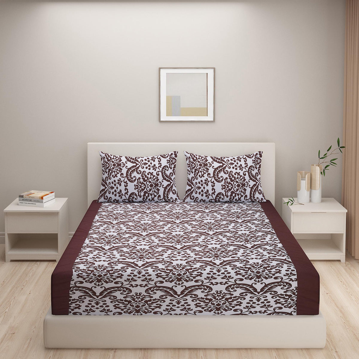Regal Damask Burgundy & White 200 TC Pure Cotton Bedsheet Set with Pillow Cover