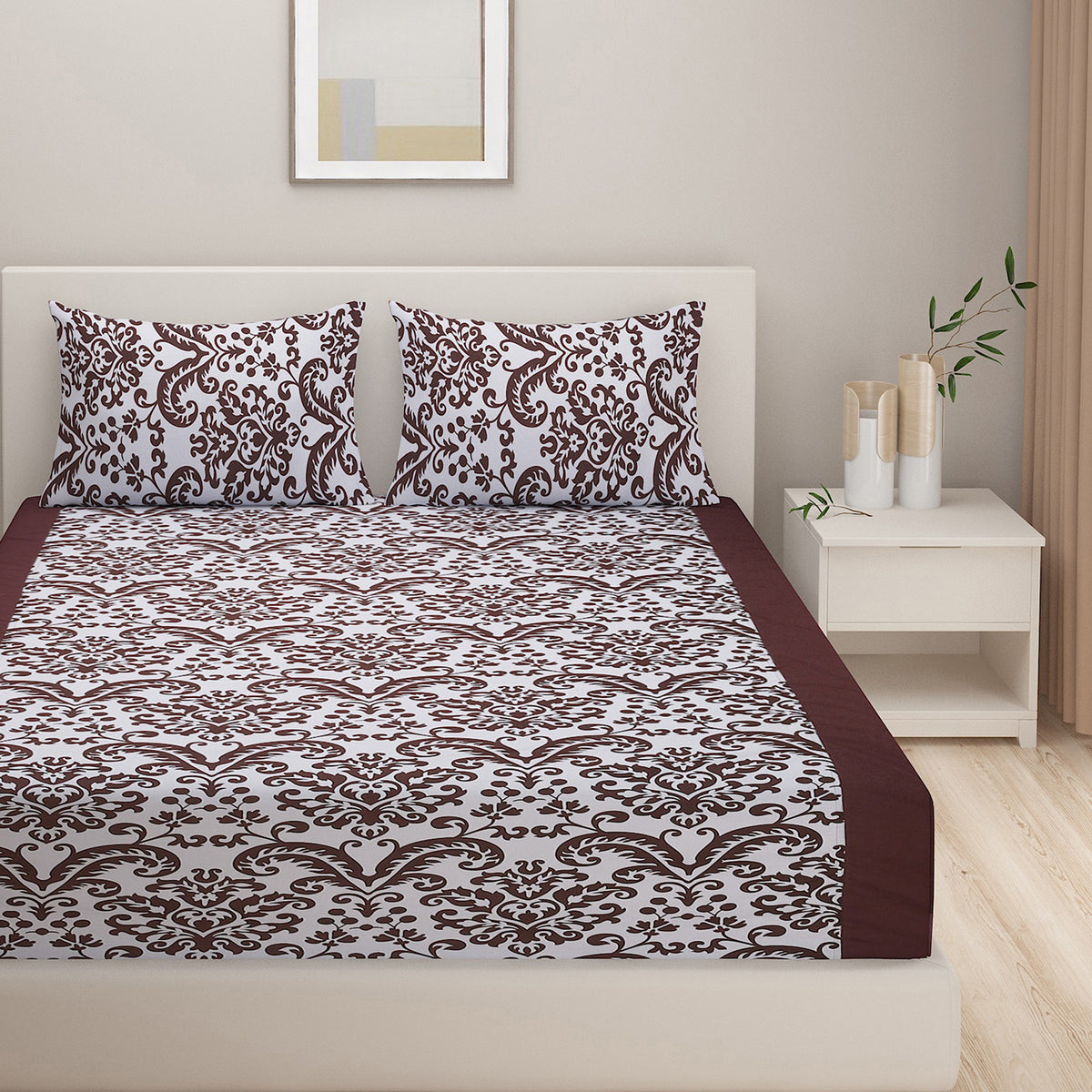 Regal Damask Burgundy & White 200 TC Pure Cotton Bedsheet Set with Pillow Cover