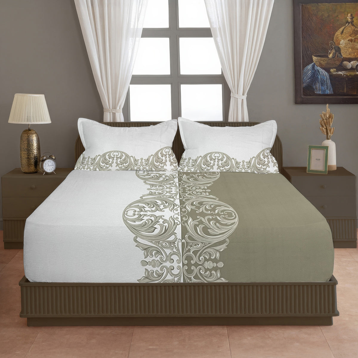 Sage Baroque Elegance 144 TC Pure Cotton Bedsheet Set with Pillow Cover